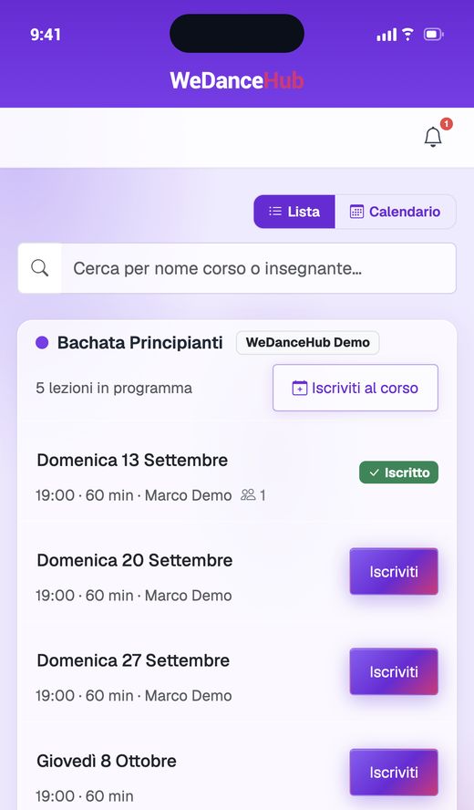 Elenco corsi nell'app WeDanceHub su iPhone